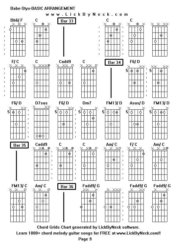 Chord Grids Chart of chord melody fingerstyle guitar song-Babe-Styx-BASIC ARRANGEMENT,generated by LickByNeck software.